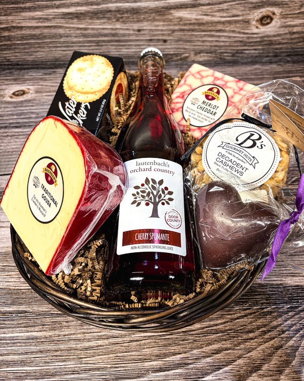 Wicker Gift Basket with NA Spumante, cheese, chocolate, crackers and nuts. 
