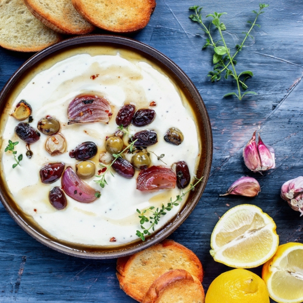 Honey Whipped Feta Dip with Roasted Olives