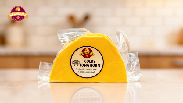 Brennan's Colby Longhorn cheese, a half-moon block of mild yellow Colby in plastic wrap with a round label, on a kitchen counter.