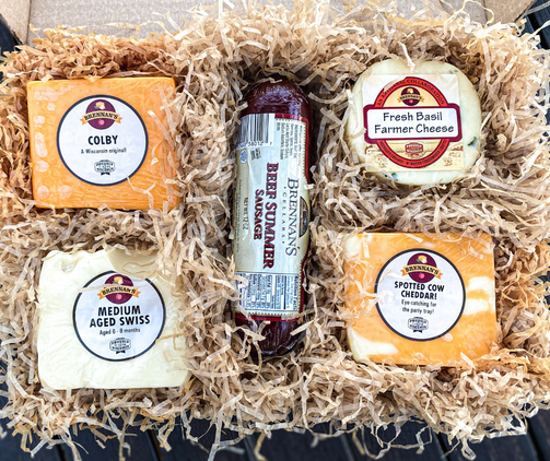 Wisconsin Cheese Gift- Box #4 Family Tradition  Made with 100% Wisconsin Cheese! From our Family to Yours. Why? It's a Tradition.  Colby, Medium Swiss, Farmer Basil, Spotted Cow Cheddar, Brennan's Beef Summer Sausage